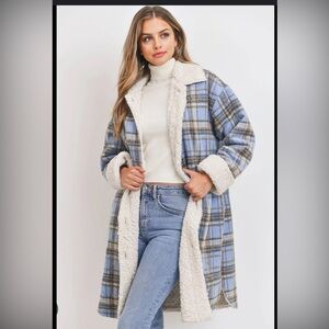 Sweet rain blue plaid Sherpa shacket